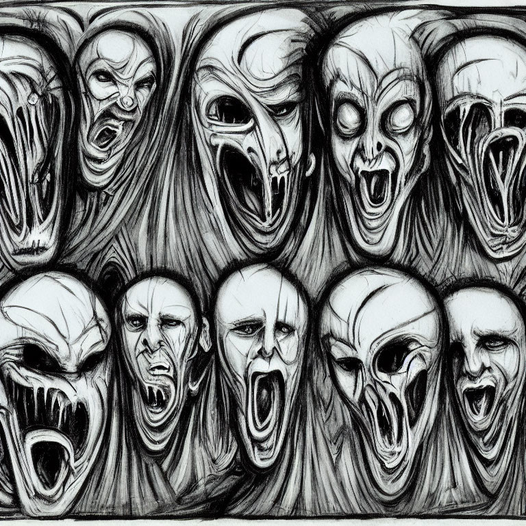 Monochrome artwork of anguished, screaming faces with dark lines