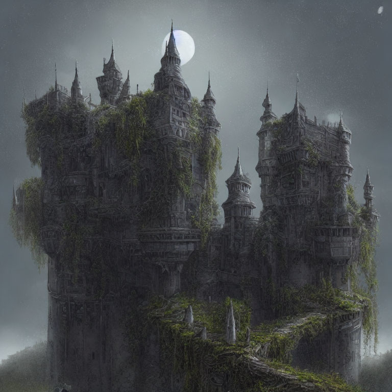 Moonlit ancient castle covered in vines and moss under hazy night sky