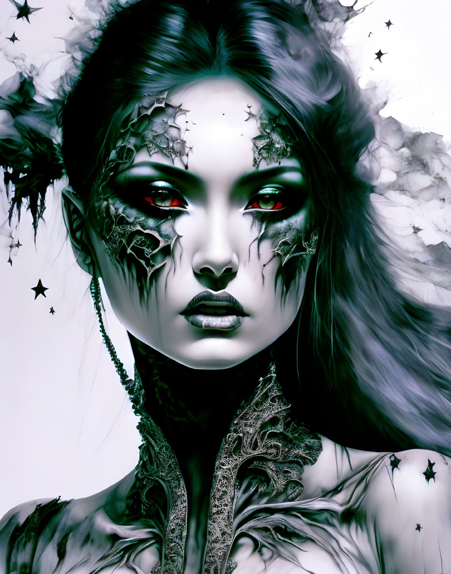 Fantasy-themed portrait of a woman with dark makeup and glowing red eyes.