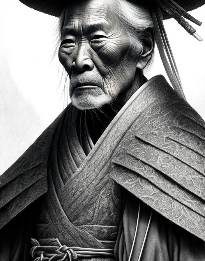 Elderly Individual in Conical Hat and Traditional Robes with Intricate Patterns