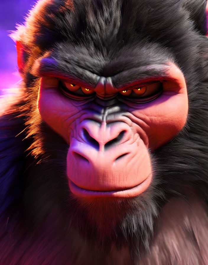 Animated gorilla with red eyes in close-up against purple background