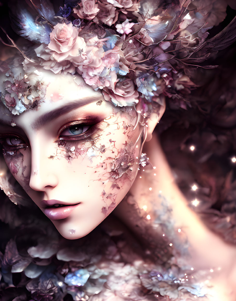 Person with floral headpiece and intricate makeup for a fantastical look