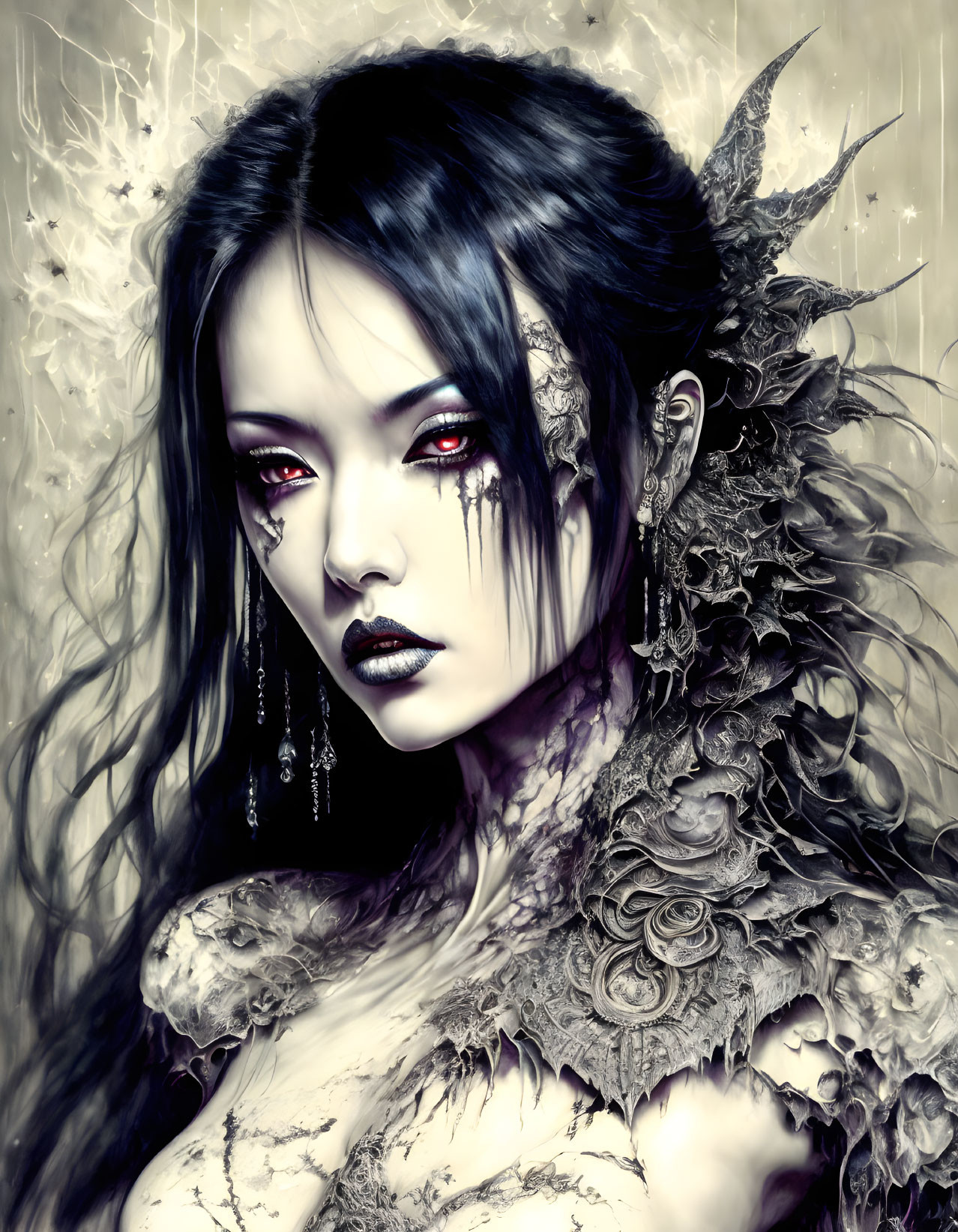 Portrait of woman with pale skin, red eyes, dark hair, lace and feather adornments