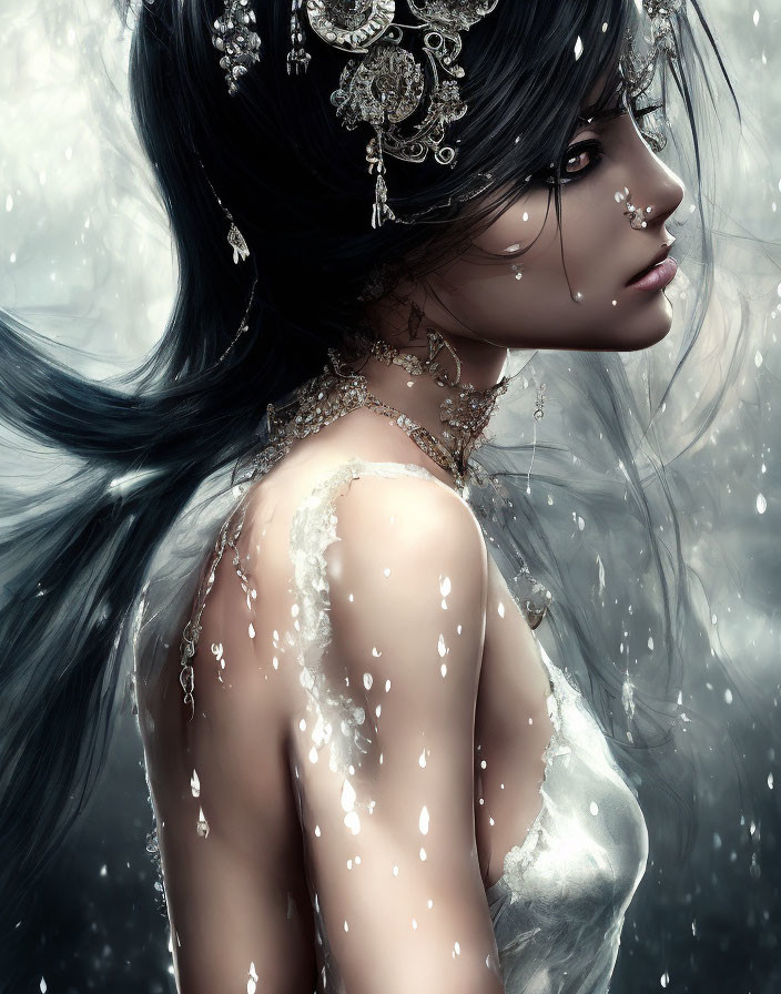 Dark-haired fantasy woman with fine jewelry in misty backdrop.