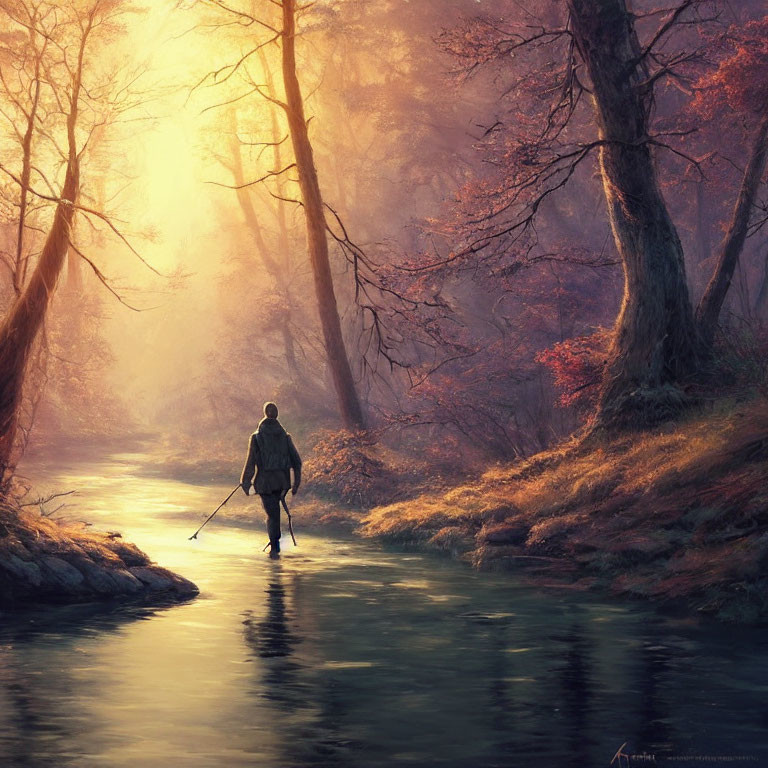 Solitary Figure in Sunlit Autumn Forest Stream