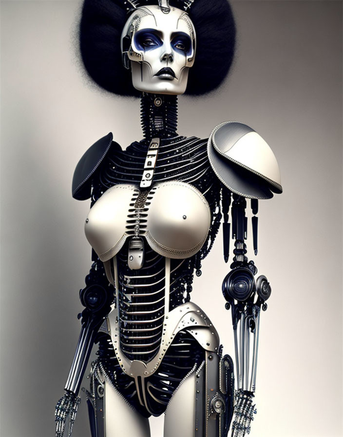 Female android with metallic body and humanoid face featuring dark eyes and stylized headpiece