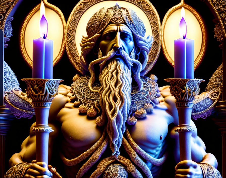 Muscular bearded figure in turban holding candles with intricate patterns and dark background