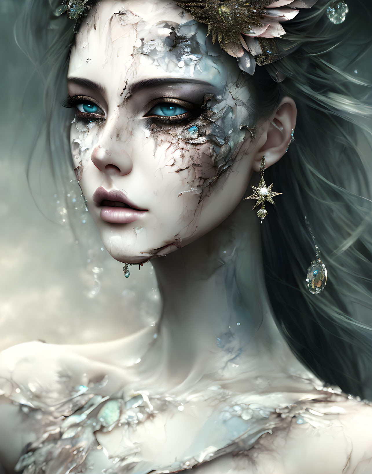 Fantastical female figure with ornate makeup and icy theme