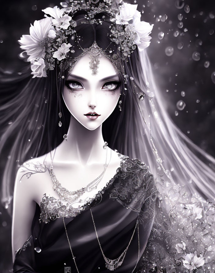 Monochromatic portrait of a stylized woman with striking eyes and floral headpiece surrounded by petals.