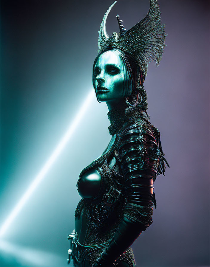 Futuristic woman in metallic armor with elaborate headgear and makeup on purple background