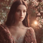 Woman in lace-adorned garment against sunlit floral backdrop