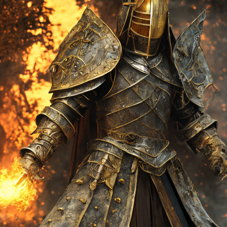 Armored medieval knight with fiery sword in inferno-like setting