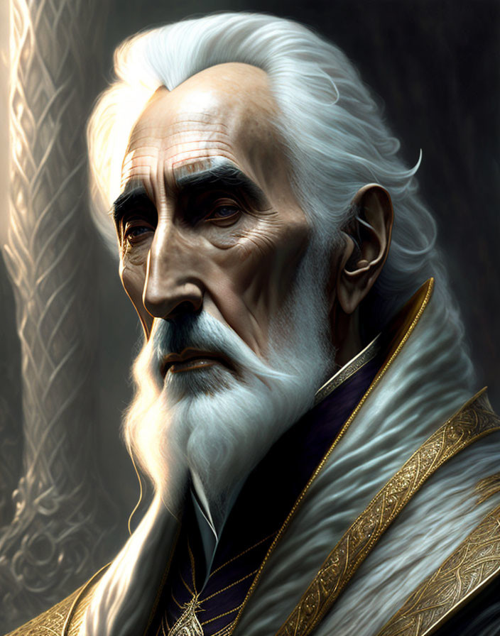 Elder Male Figure Portrait with White Hair and Regal Attire