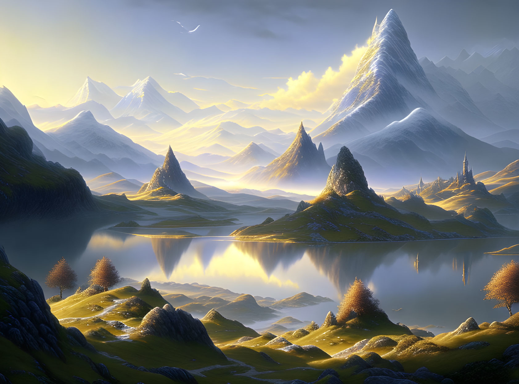 Majestic snow-capped mountains and tranquil lake in fantasy landscape