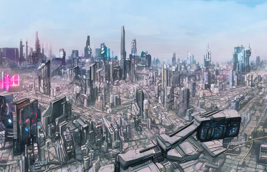 Futuristic cityscape with high-rise buildings and flying vehicles