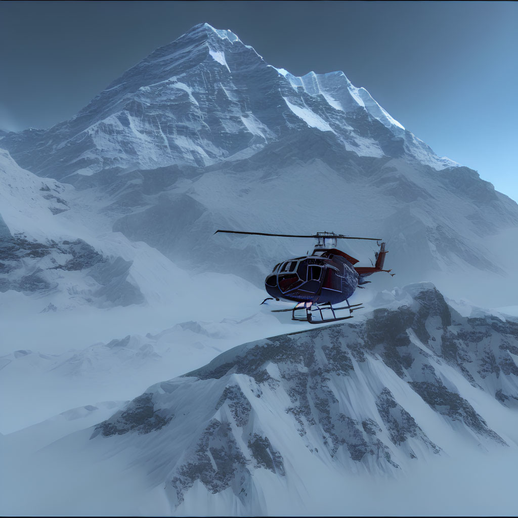 Helicopter flying near snowy mountain peak in hazy blue sky