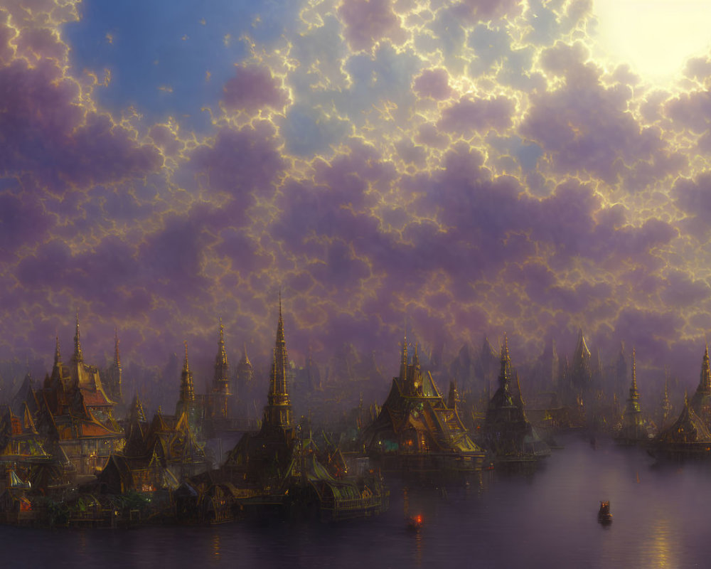 Fantasy cityscape at sunset with ornate buildings, towers, and boats on water