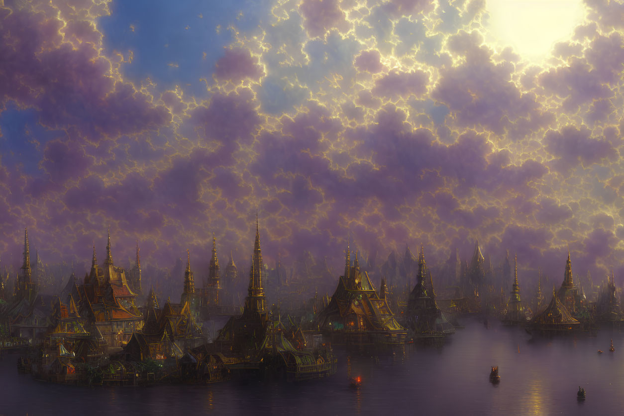 Fantasy cityscape at sunset with ornate buildings, towers, and boats on water