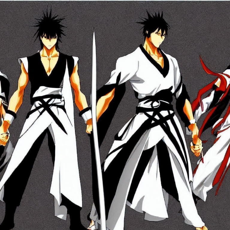 Anime-style male character with spiky black hair in white kimono with sword poses