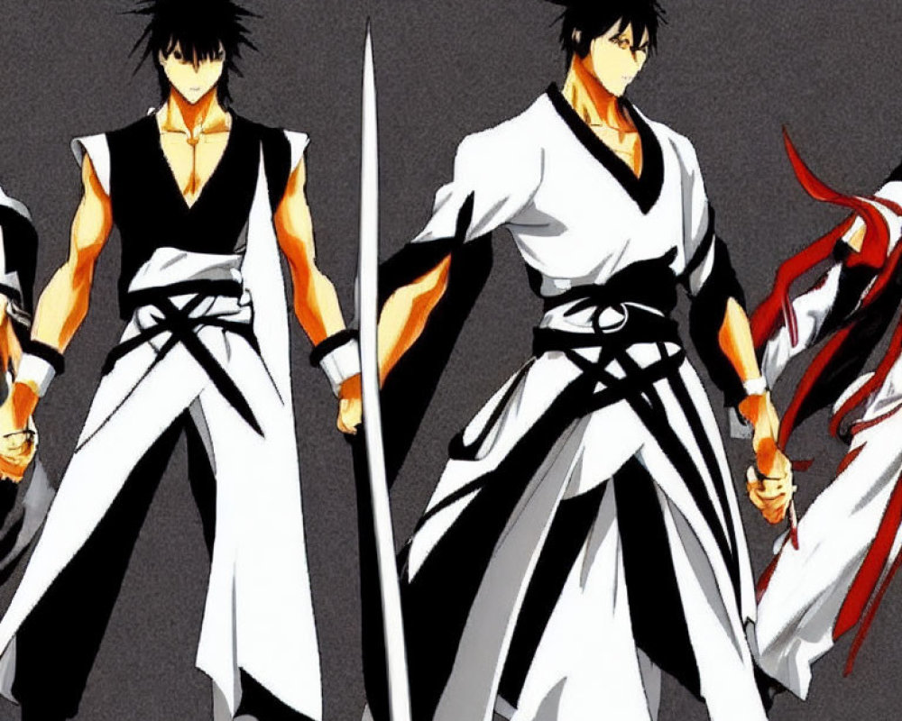 Anime-style male character with spiky black hair in white kimono with sword poses