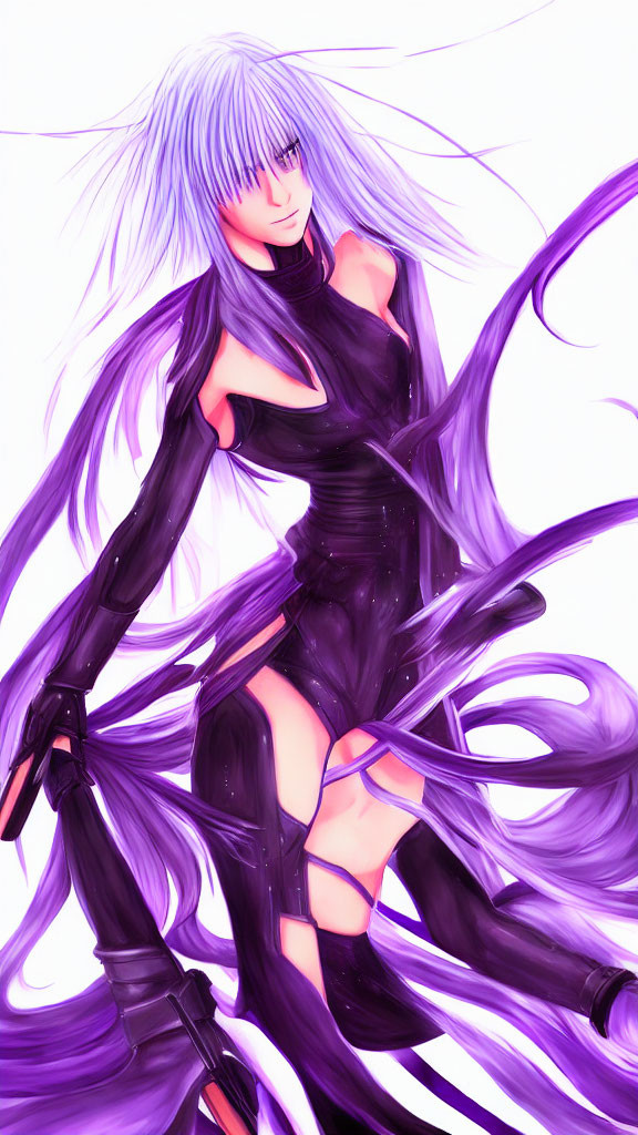 Anime-style character with long purple hair in black bodysuit on white background