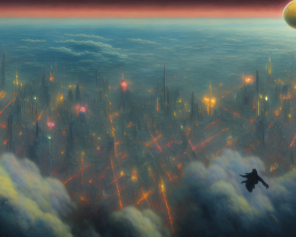 Futuristic cityscape with skyscrapers, glowing lights, and red sky.