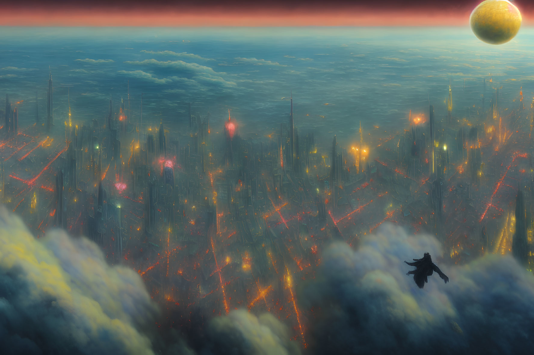 Futuristic cityscape with skyscrapers, glowing lights, and red sky.