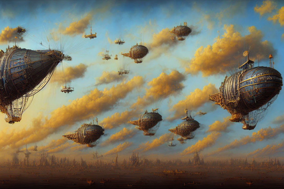 Steampunk-style airships in sunset over desolate landscape