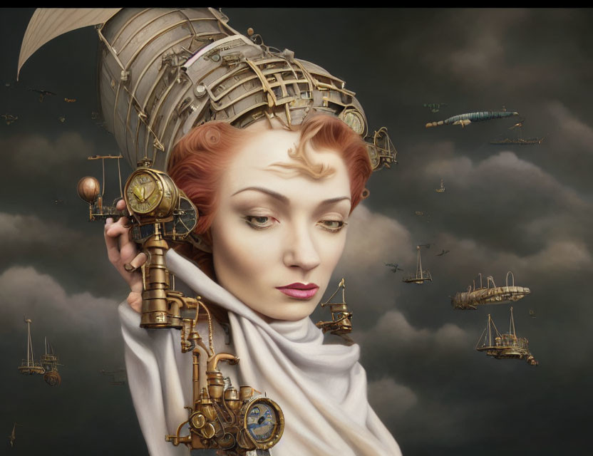 Surreal portrait of woman with steampunk headgear and telescope amid flying ships