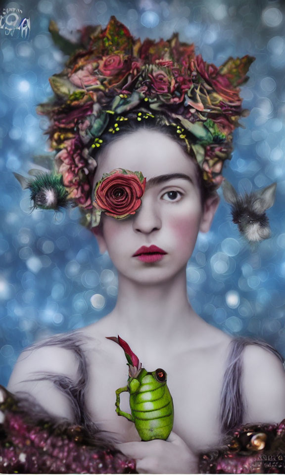 Surreal portrait featuring person with floral headpiece and rose-covered eye against blue backdrop