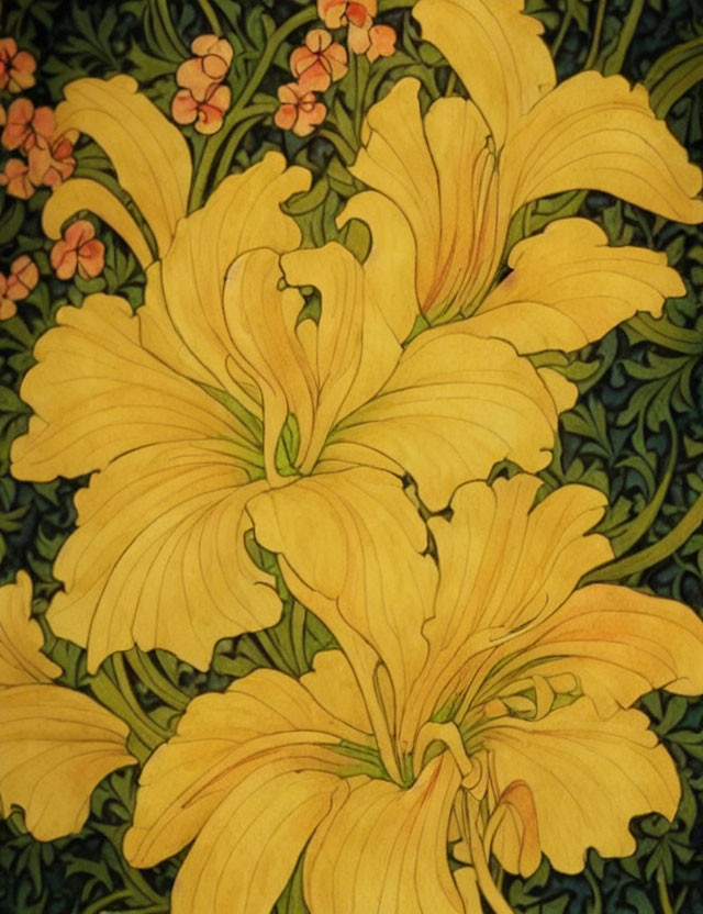 Vibrant Yellow Lilies with Orange Stamens on Dark Green Background