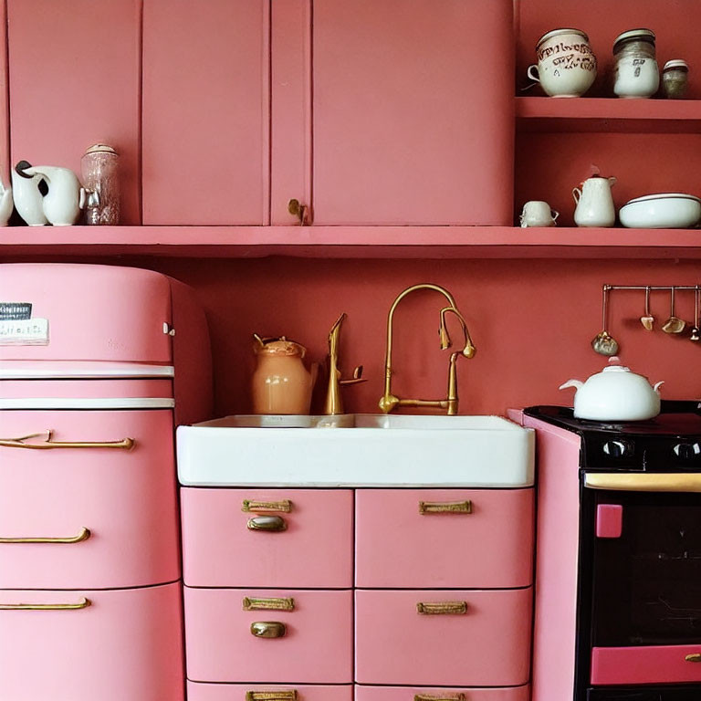 Vintage Pink Kitchen with Gold Fixtures & White Decor