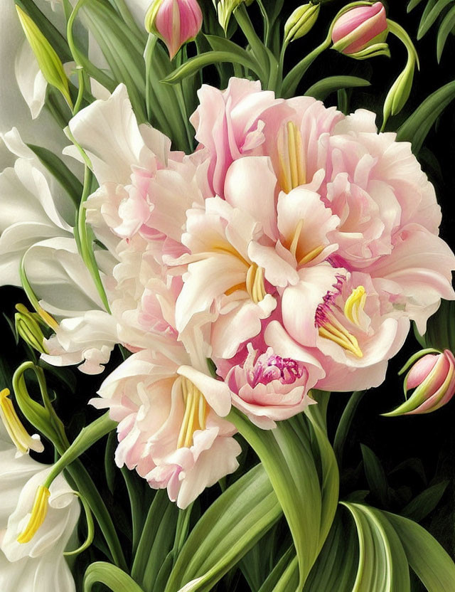 Pink Peonies and White Lilies Bouquet with Stamens and Green Foliage