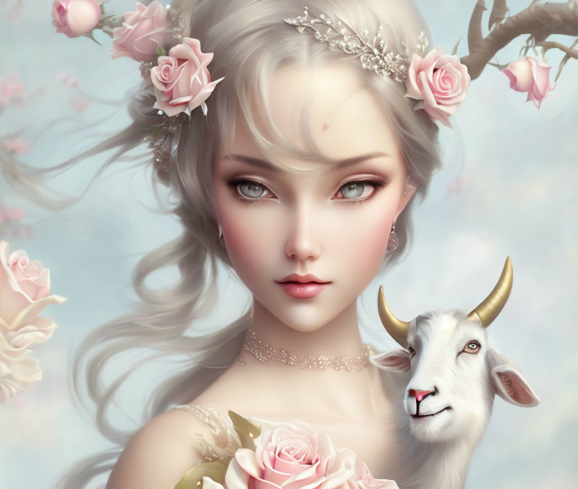 Fantasy portrait of serene woman with roses, floral tiara, and gentle goat under blooming tree