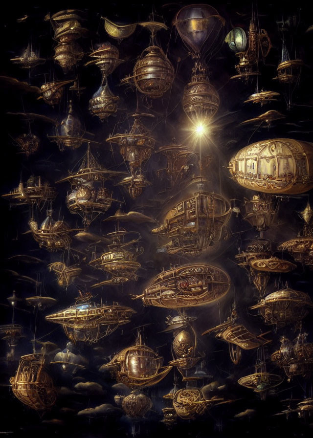 Fantastical steampunk airships in a dark, starry setting