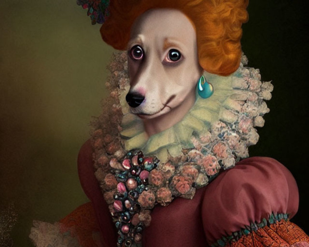 Dog with human body in vintage attire and floral headpiece.