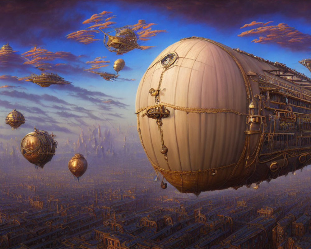 Steampunk airships over industrial cityscape at sunset