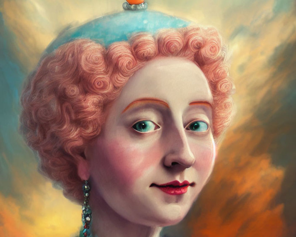 Stylized woman portrait with ornate white wig and pastel skies backdrop