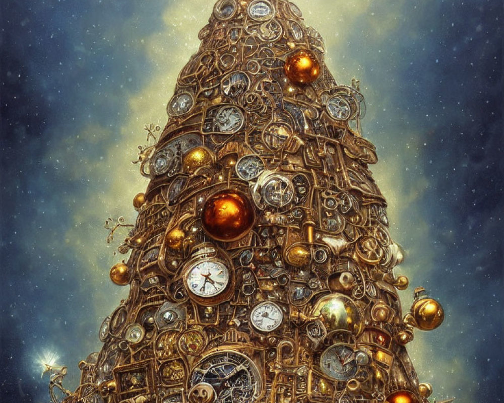 Steampunk-inspired Christmas tree with gears, clocks, and golden baubles on starry backdrop