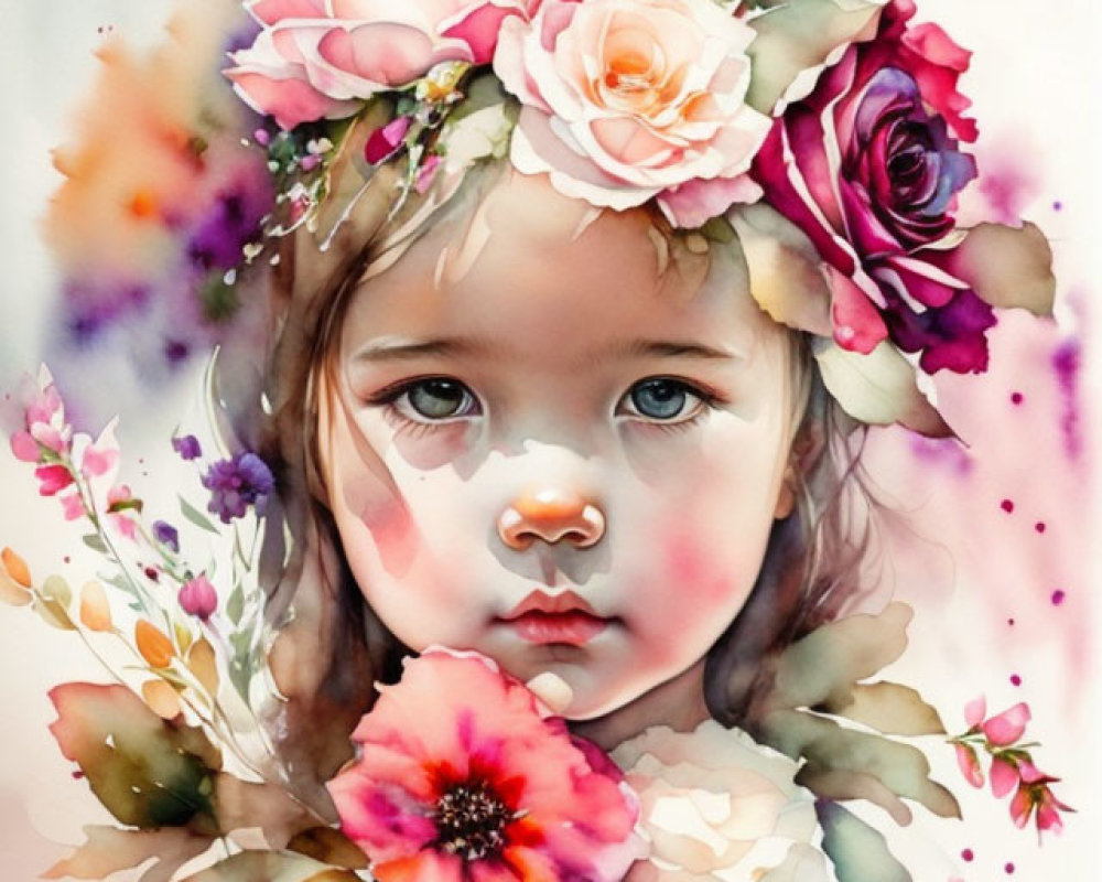 Young Girl Watercolor Painting with Flower Crown in Soft Pastel Tones