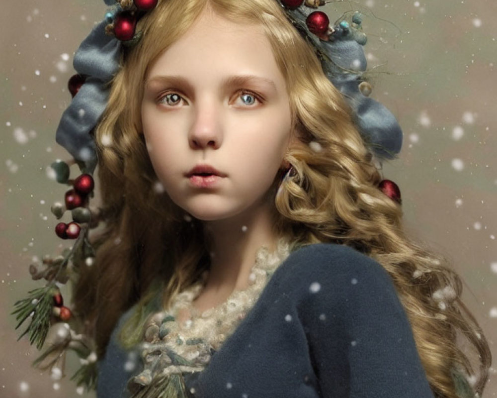 Blonde Girl with Winter Wreath and Snowflakes