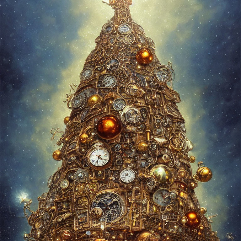 Steampunk-inspired Christmas tree with gears, clocks, and golden baubles on starry backdrop