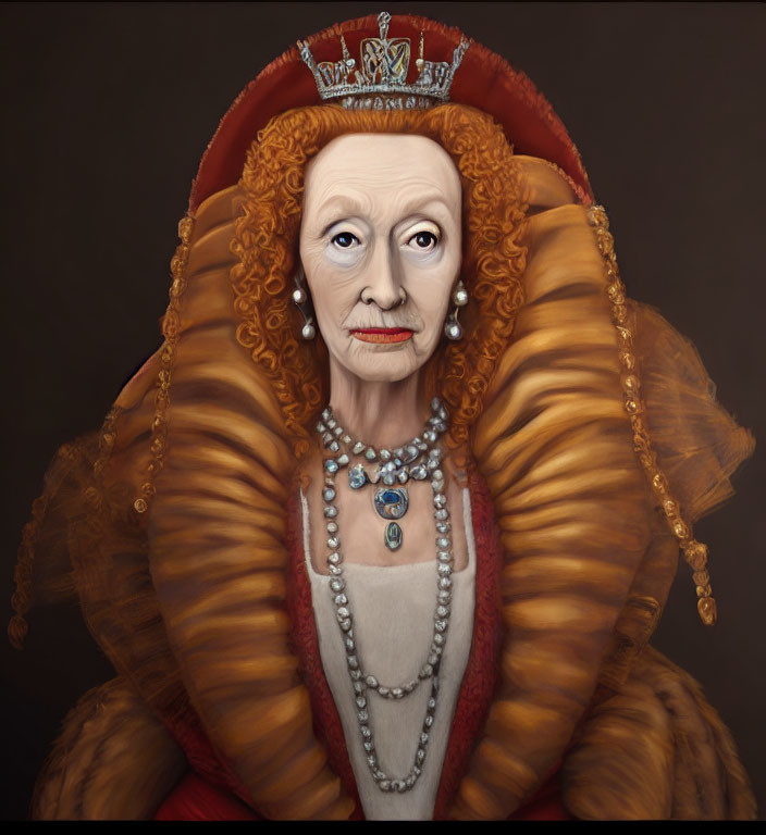 Portrait of a regal queen with crown, ruff, and jewelry