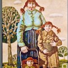 Surreal painting of woman and child in apple-themed attire among apple trees