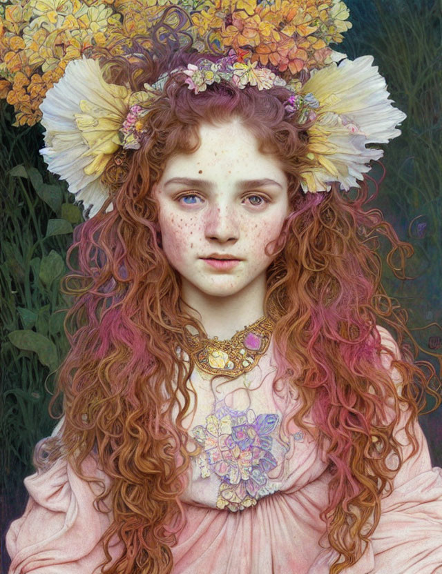 Portrait of Young Girl with Reddish Curly Hair and Floral Wreath, Pink Dress