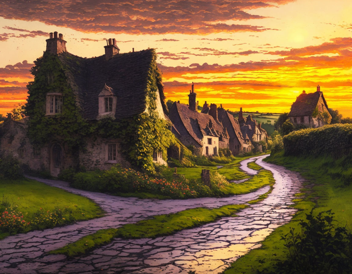 Scenic village path with stone houses at sunset