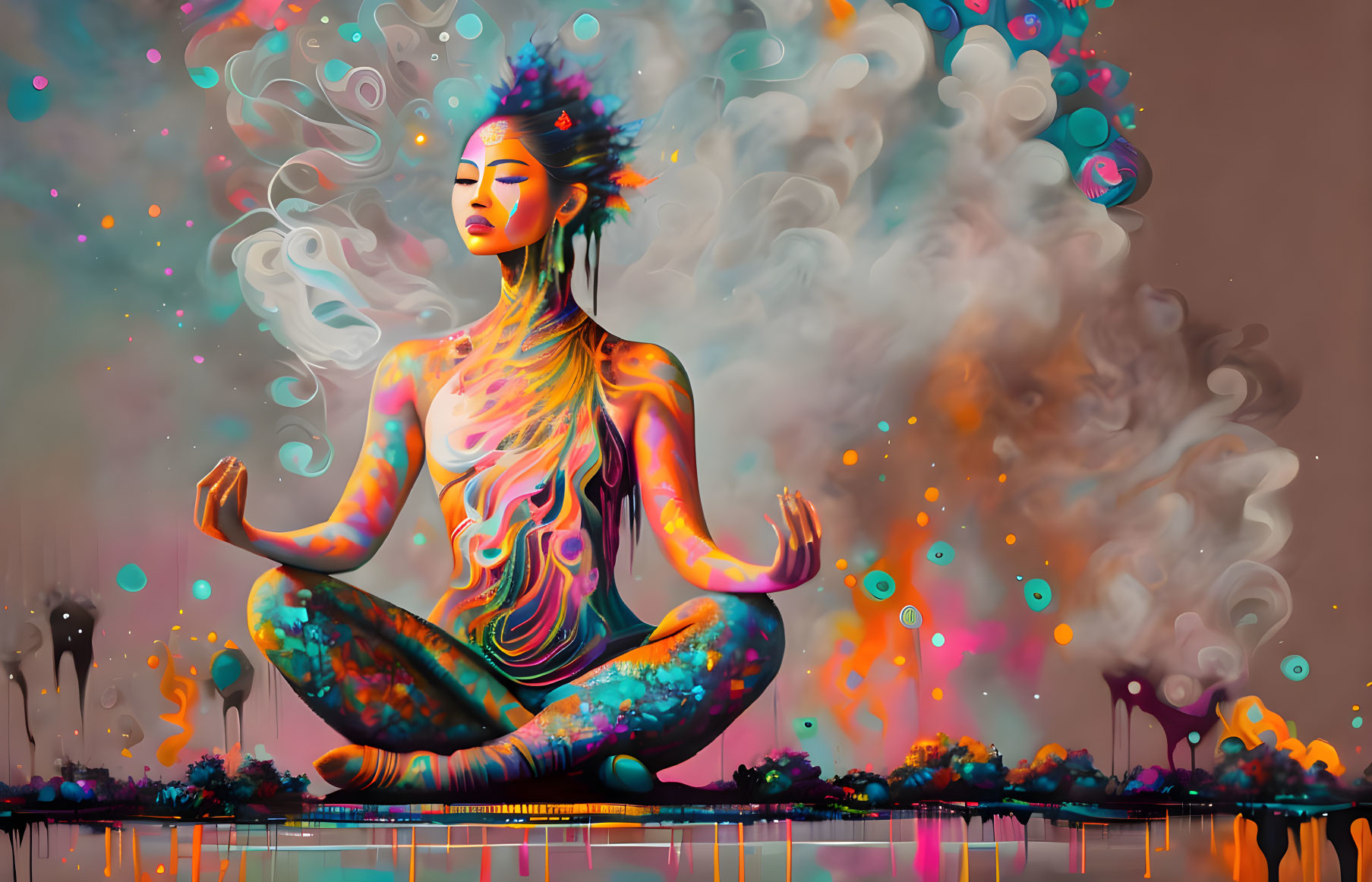 Vibrant digital artwork: Woman meditating with flowing patterns