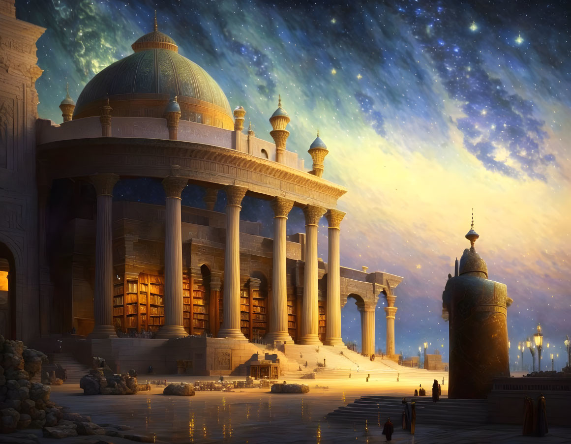 Palace with domes and towers under starry night sky