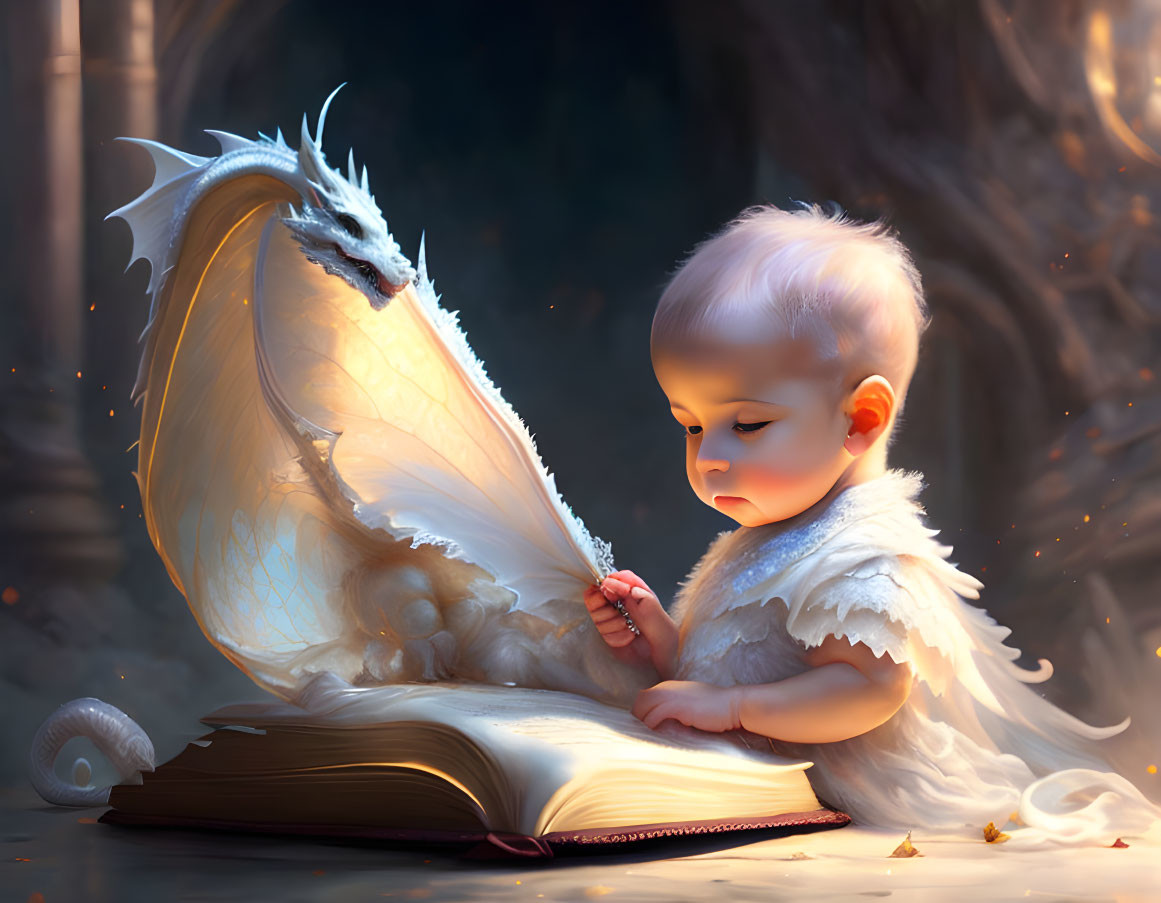 Baby angel with wings reading giant book with small white dragon in mystical forest