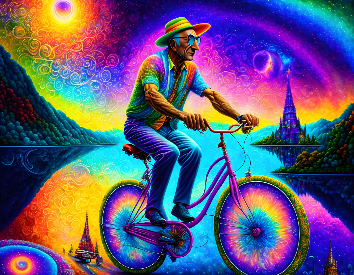 Colorful psychedelic artwork of man on bike with swirling patterns